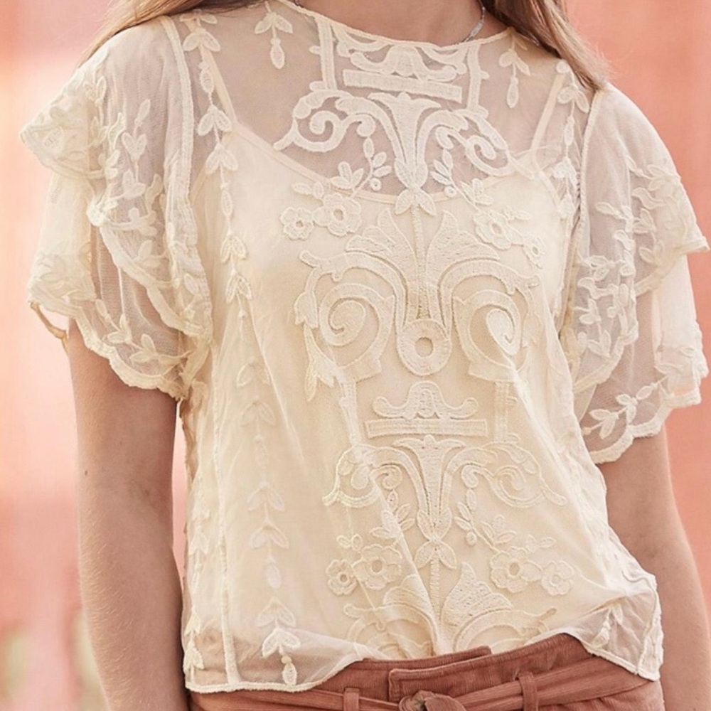 Sundance Ivory Sheer Blouse Top Cream Embroidered Flutter Sleeve Boho Women’s XS